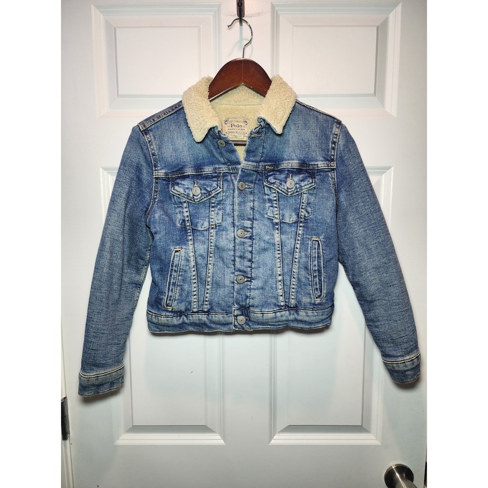 Polo Ralph Lauren Kids Blue Denim Sherpa Fleece Lined Trucker Jacket Size M 8-10